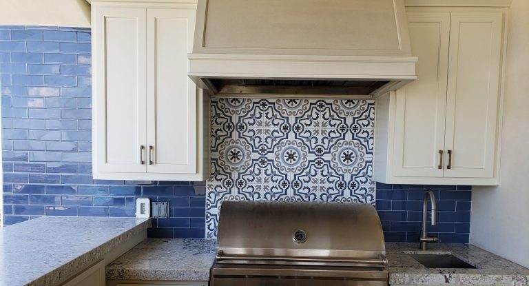Outdoor kitchen tile, cabinets, and countertops